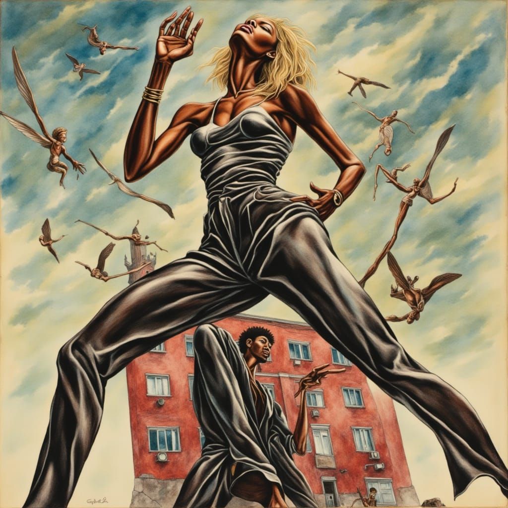 Elegant Black Woman In Surreal Style With Graphic Elements