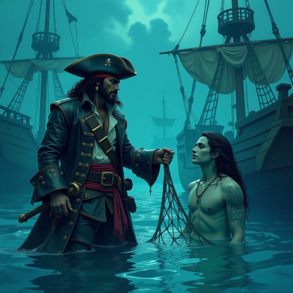 Pirate Captain Rescues Merman in Ominous Ocean