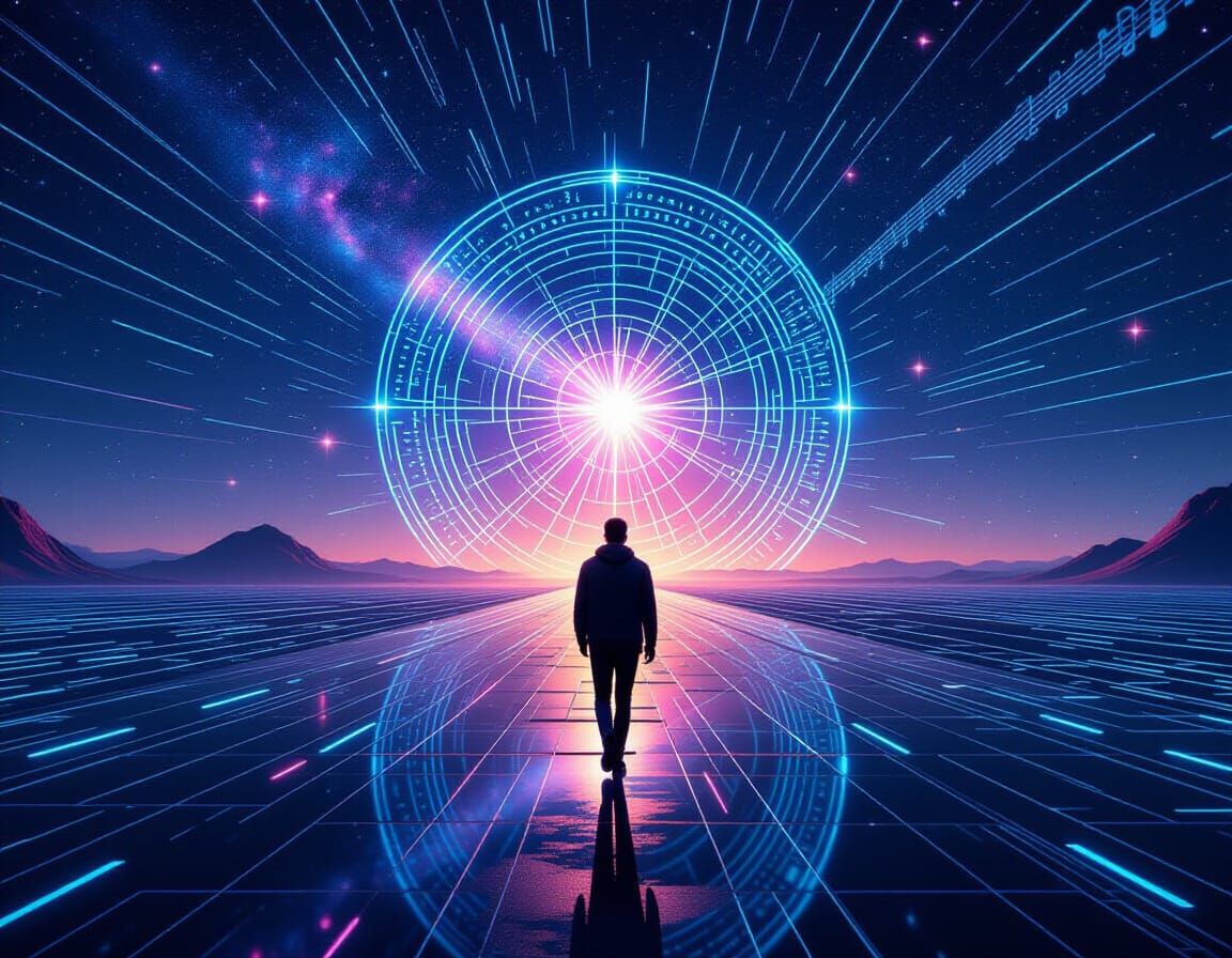 Surreal Synthwave Hologram Capturing Stars in Futuristic Sce...