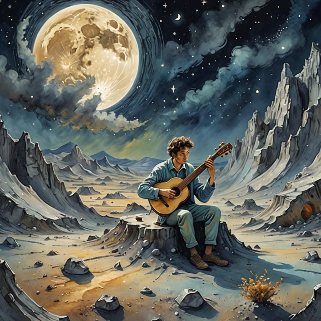 Man on the Moon with Lyre: Chagall-esque Dreamscape