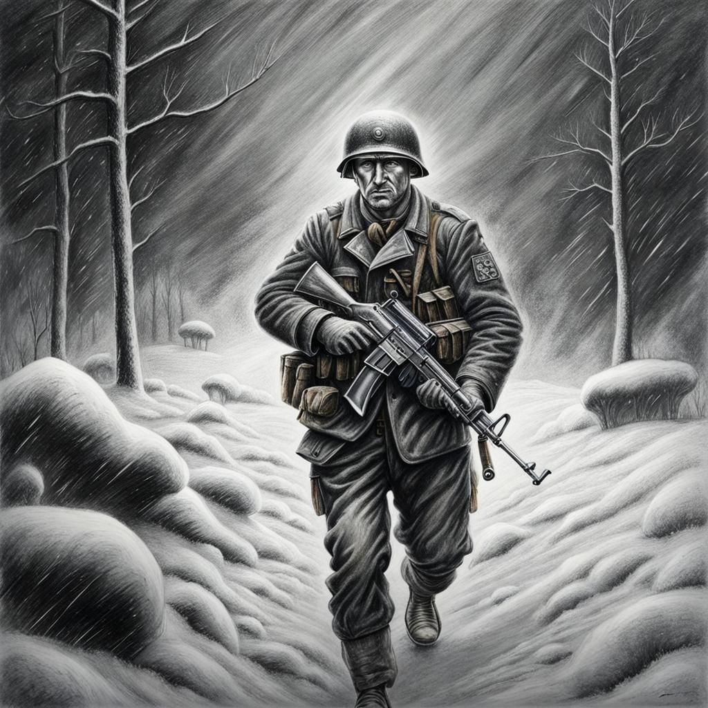 WW2 German SS Commando in Blizzard: Charcoal Drawing