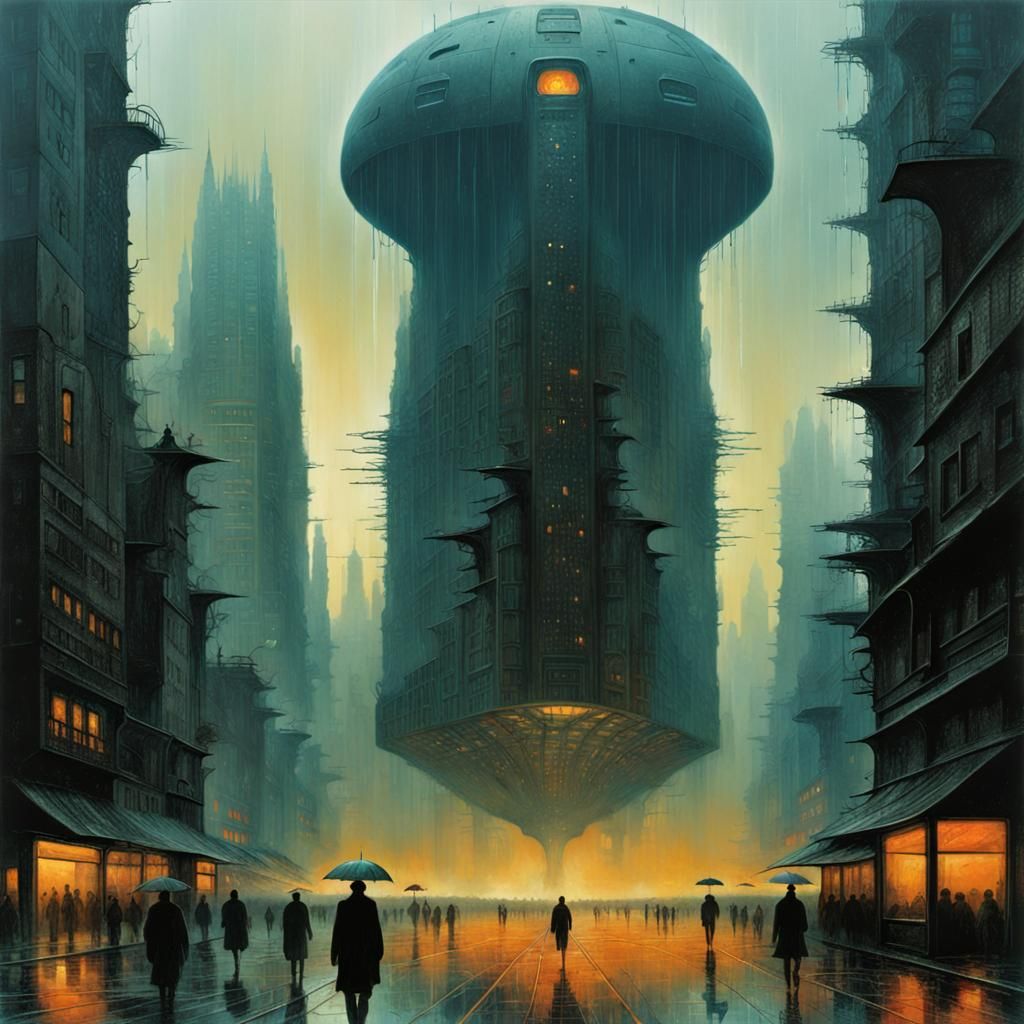 Futuristic Cityscape with Spaceship, in Dystopian Style