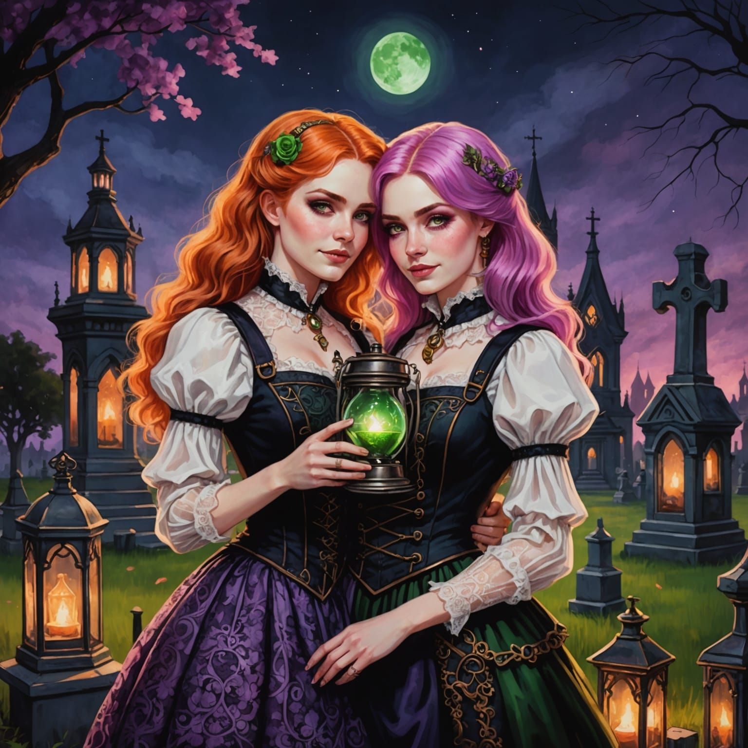 Two Women Embrace in Cemetery, Alcohol Ink Style