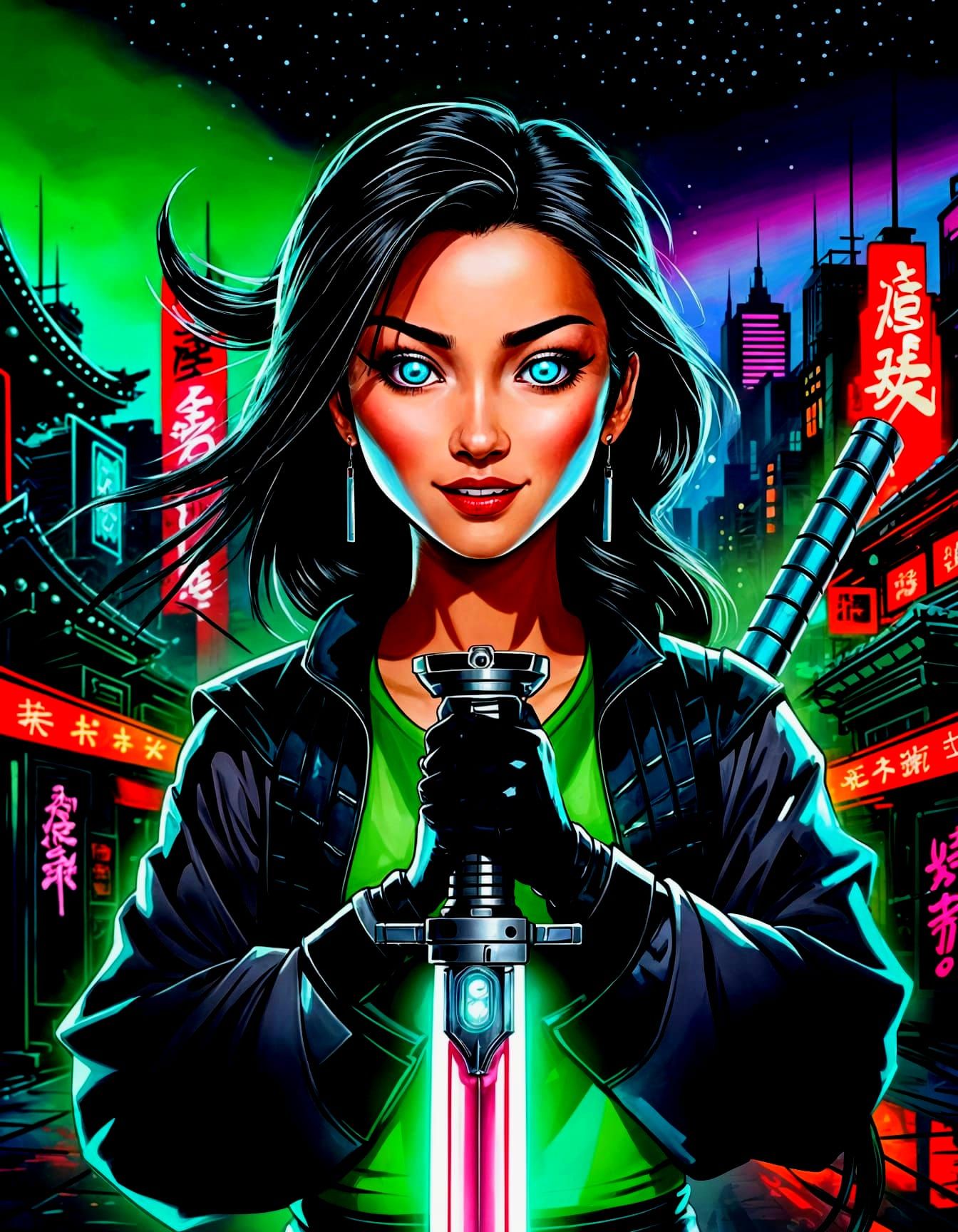 24th century Mulan in Night City's China Town