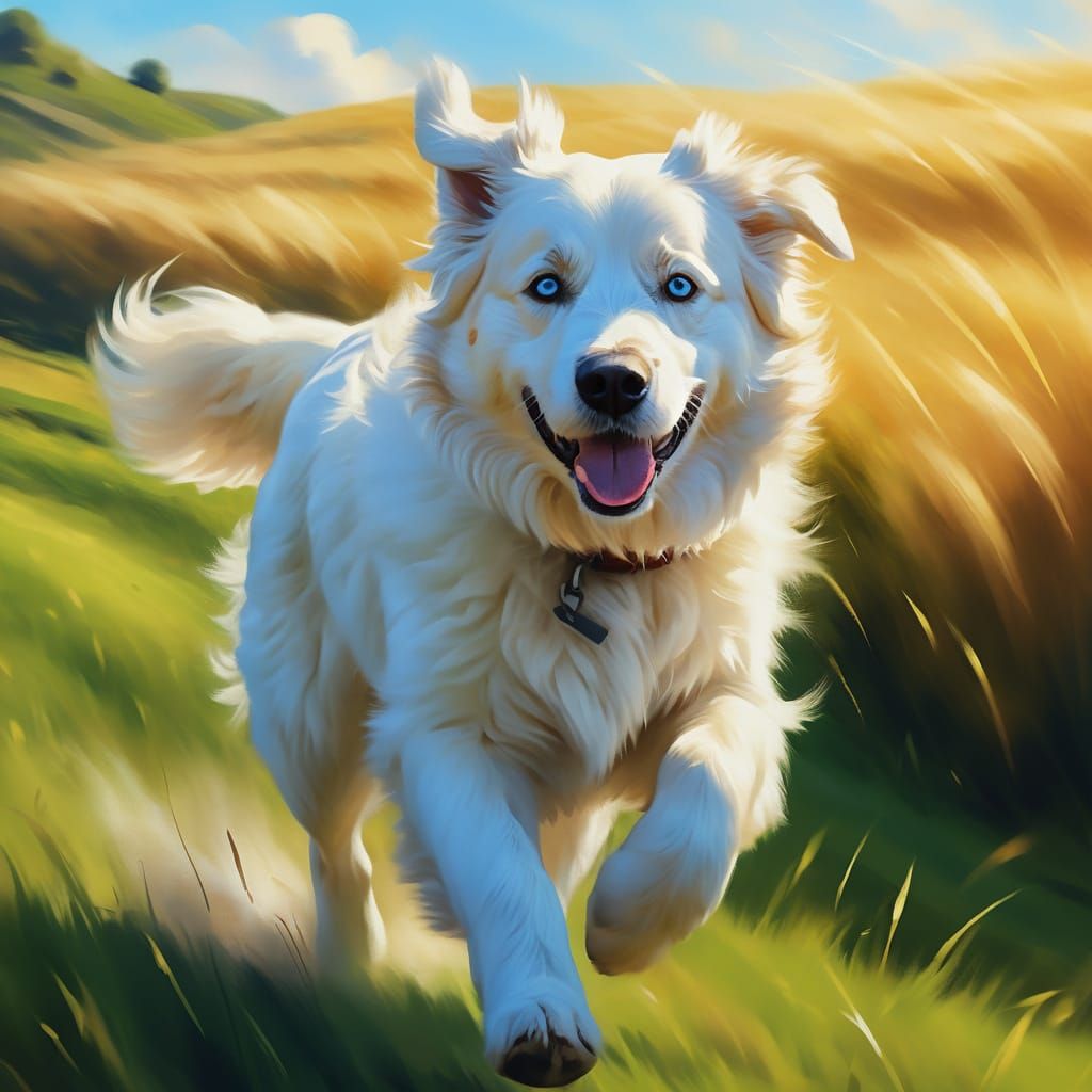 Running White Pyrenees Dog in Oil Painting Style