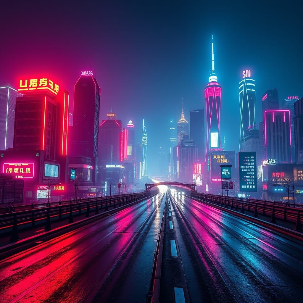 Futuristic City Skyline at Night with Neon Reflections