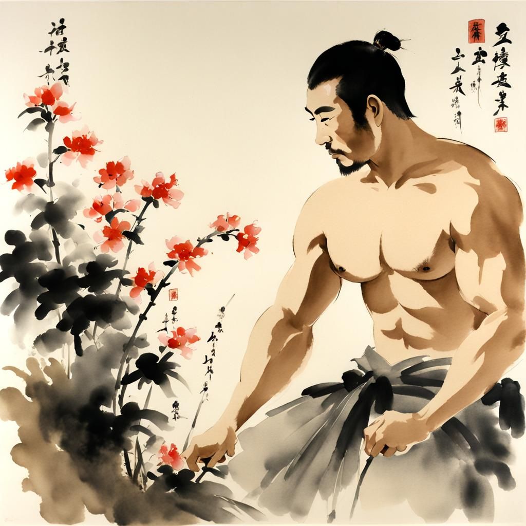 Shirtless Man Picking Flowers in Sumi-e Style
