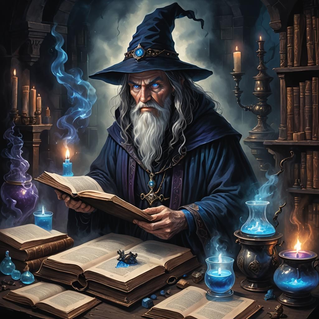 Dark Wizard Brewing Potions in Dark Fantasy Style