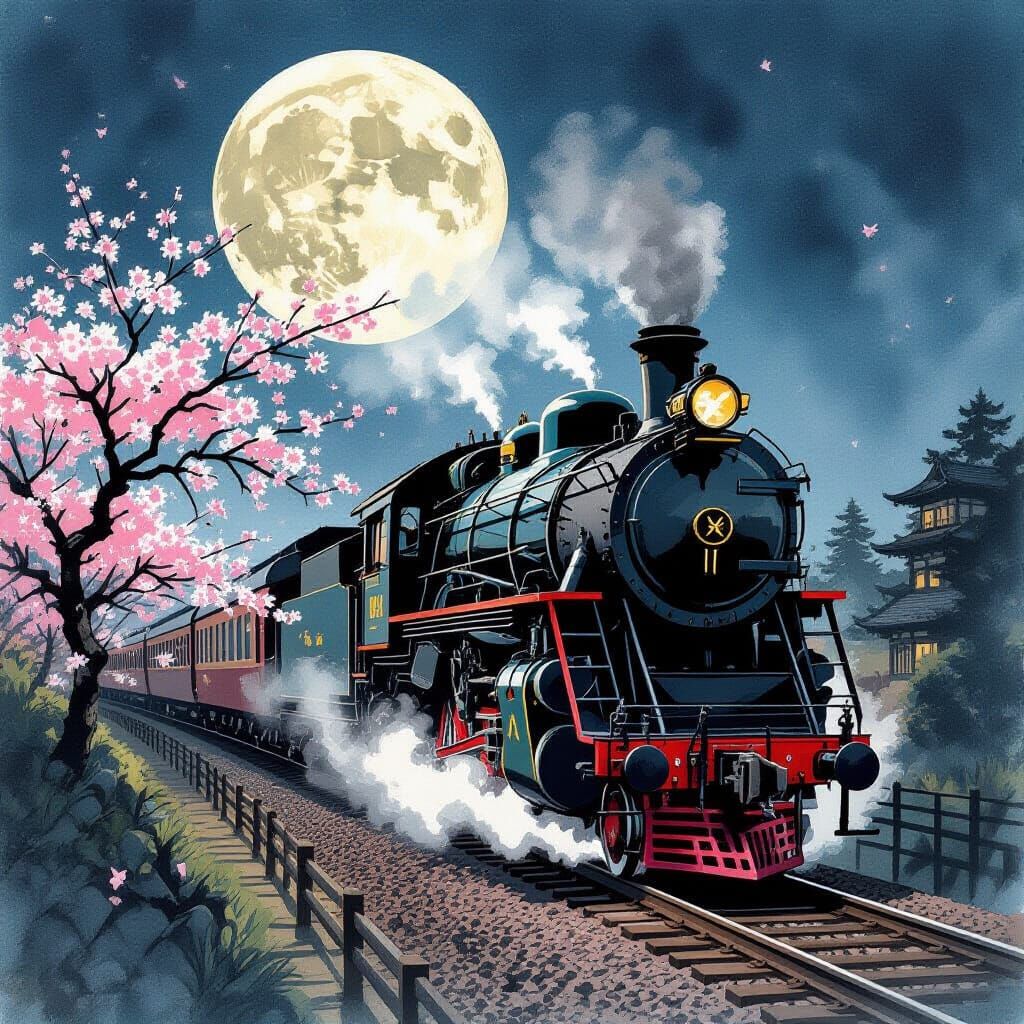 Steam Engine Under Moon in Japanese Ukiyo-e Style