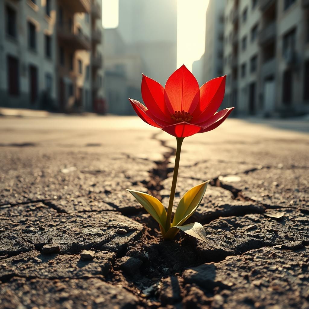 Crimson Flower Blooms in Urban Asphalt, Papercraft Style