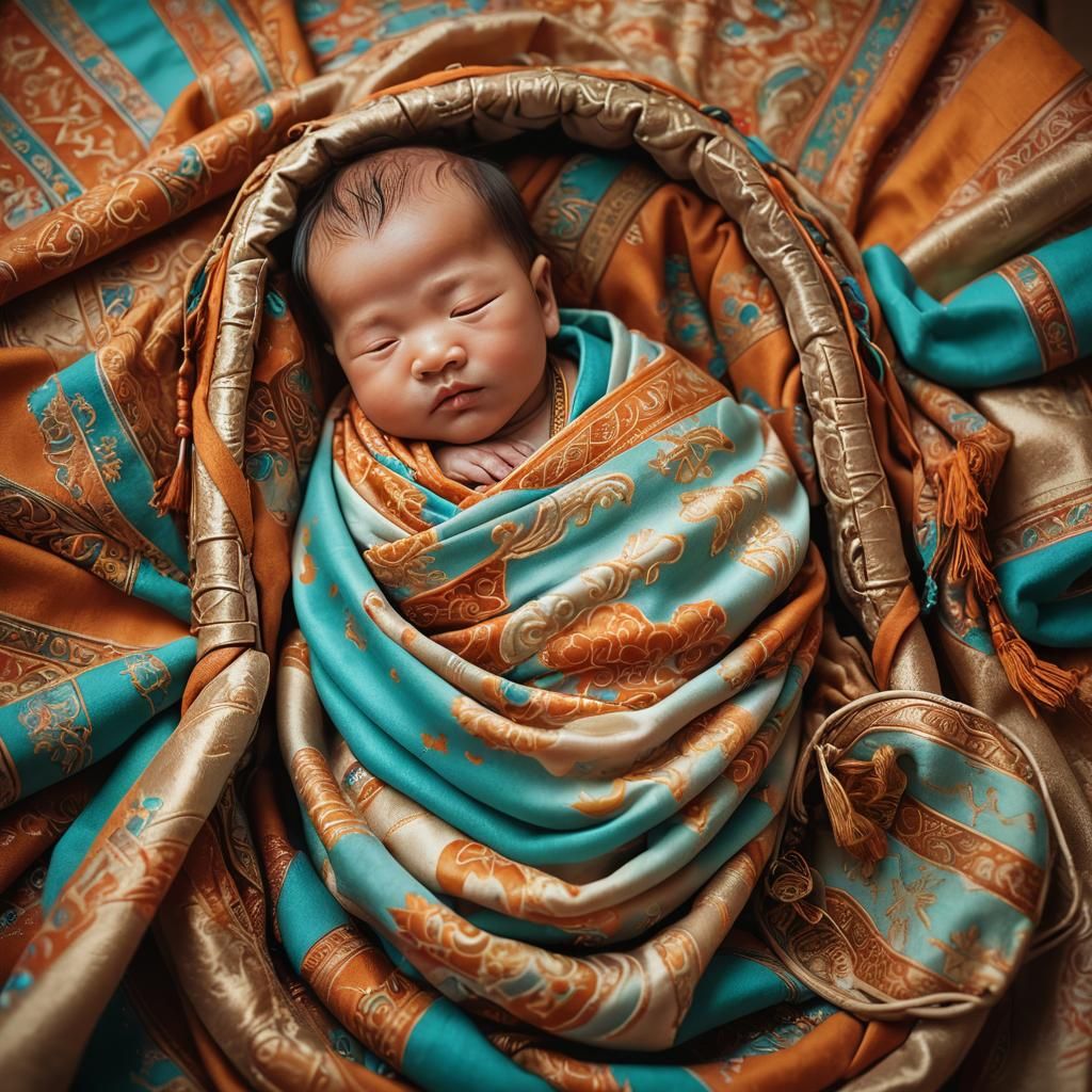 Mongolian Newborn in Traditional Cradle: Impressionist Portr...