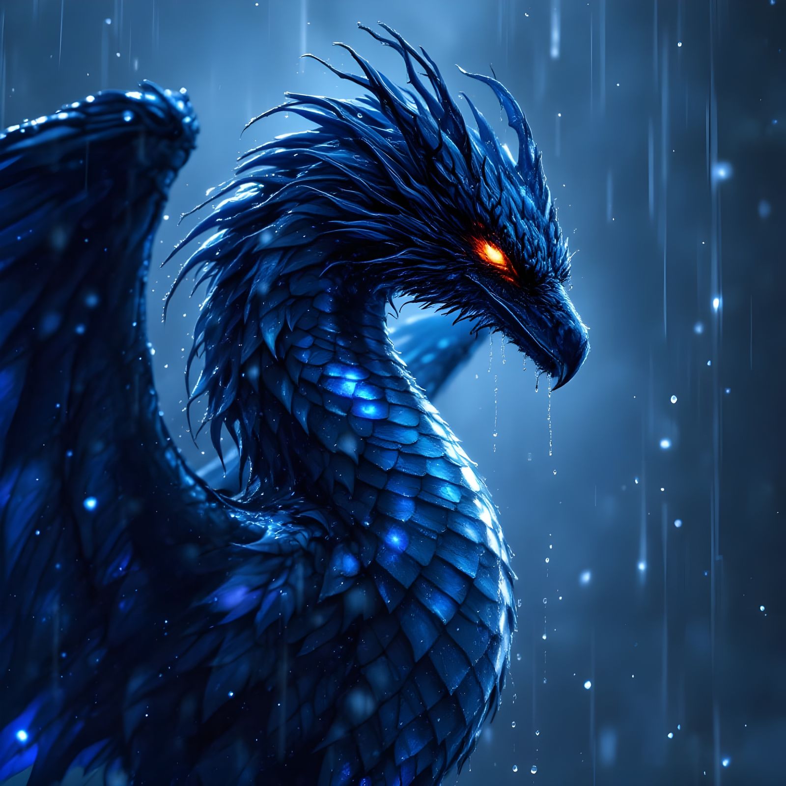 Dragon-Raven Hybrid in a Rainy Night