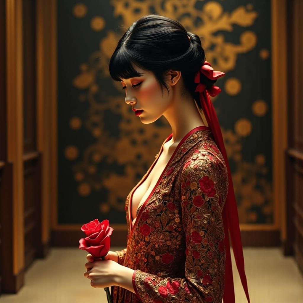 Woman in Klimt Gown with Rose, Hyperrealistic Style