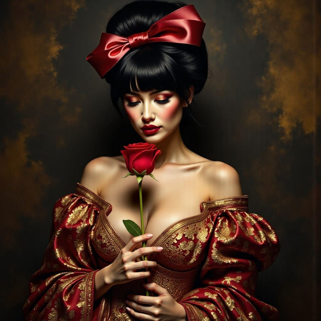 Woman with Rose in Bronze Room, Photorealistic 3D Render