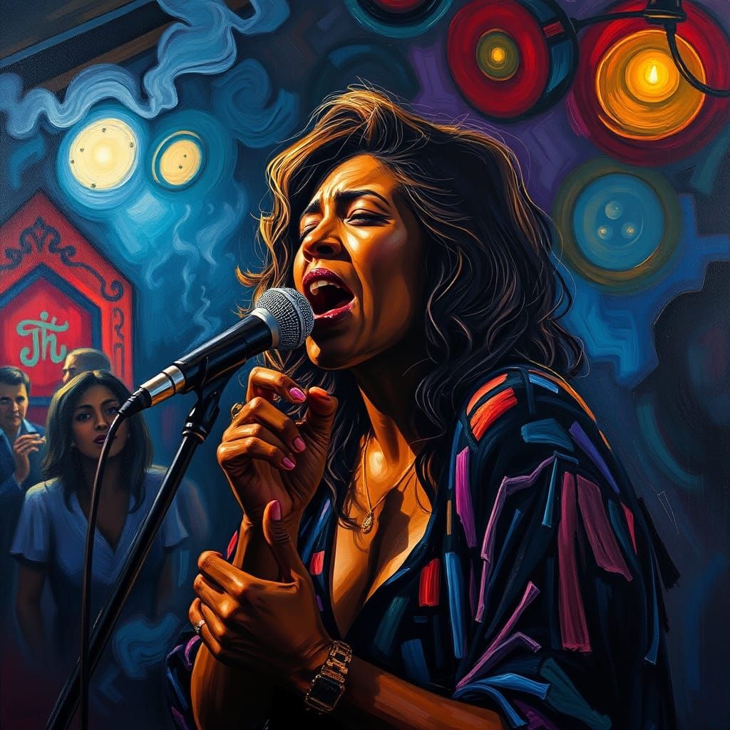 Soulful Blues Singer on Stage: Neo-Expressionist Painting
