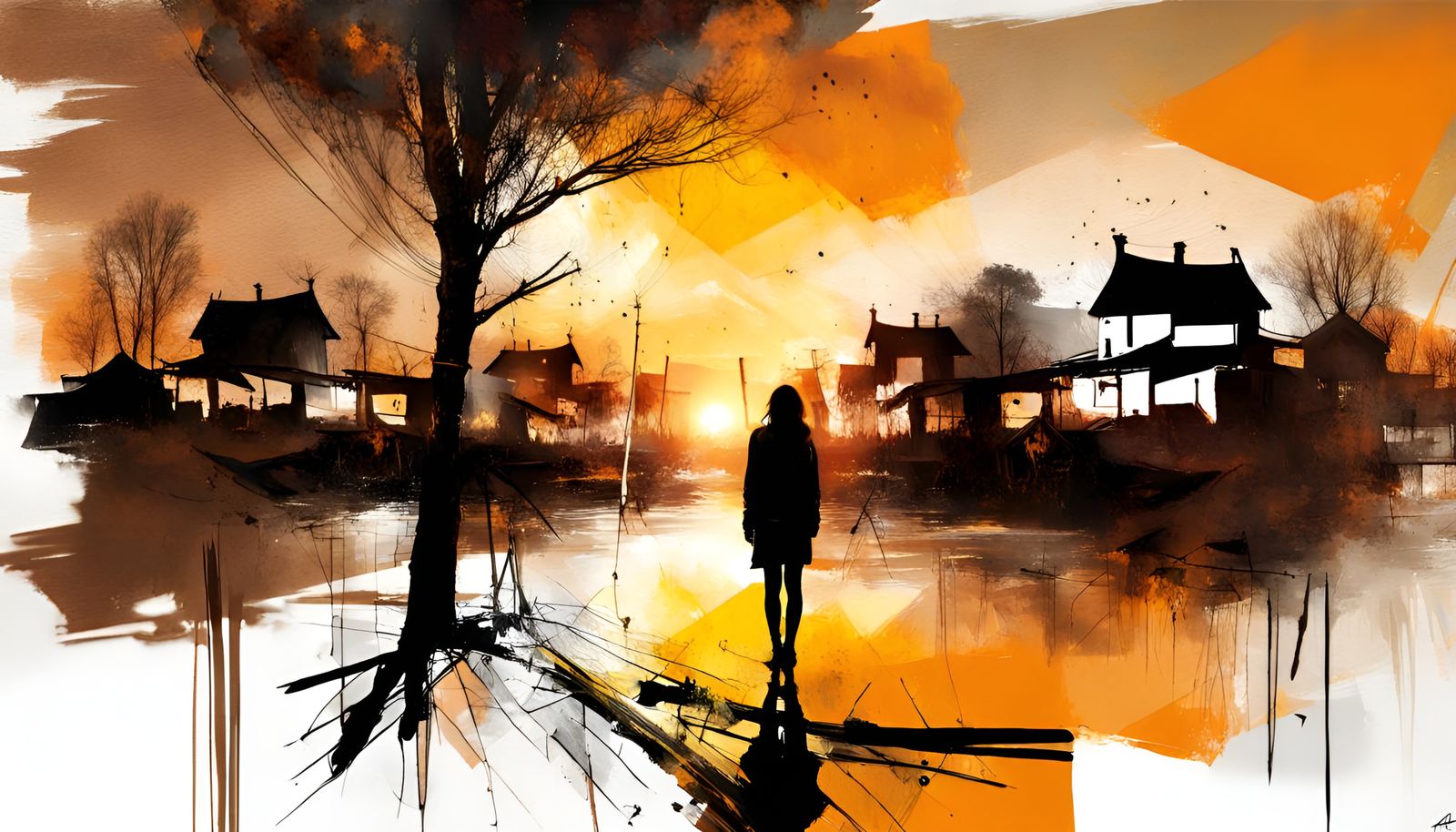 Village Sunset Double Exposure in Graphic Style