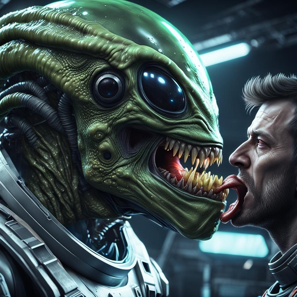 A slimy alien monster licks his tongue over the astronaut