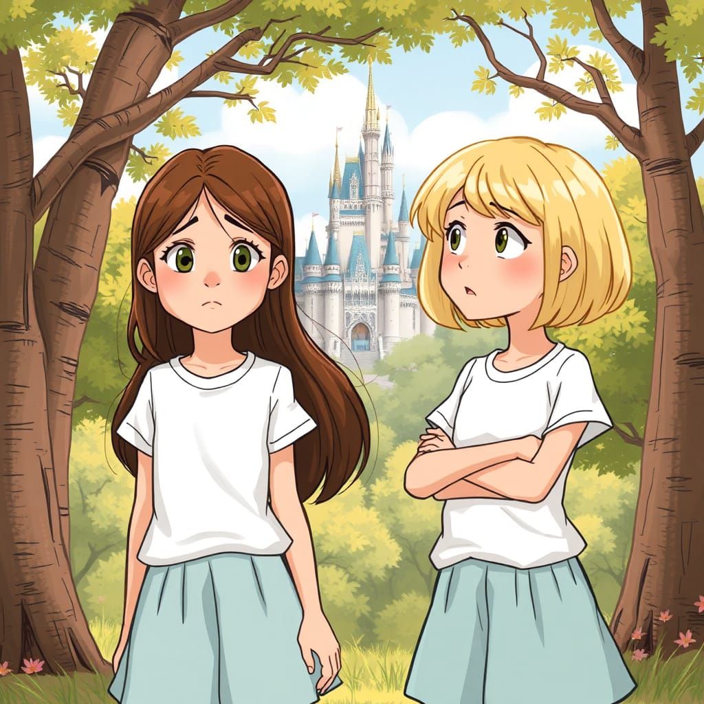 Girls Chatting Near Castle, Whimsical Digital Art