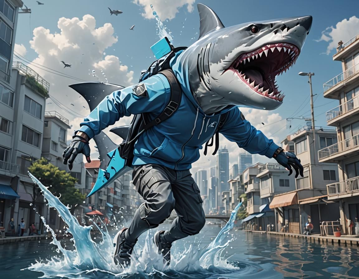 Cybernetic Shark Leaps From Water in 3D Anime Art