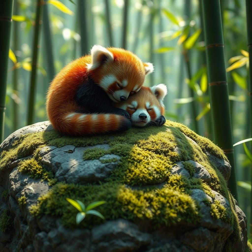 Adorable Red Panda Cubs Sleeping in Bamboo Forest