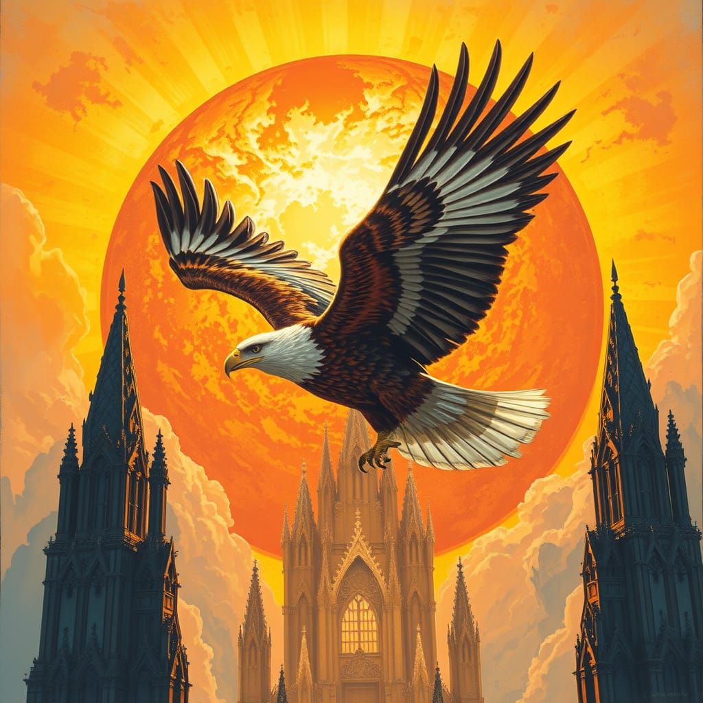 An eagle flying under a distorted burning sun. ethereal, Oth...
