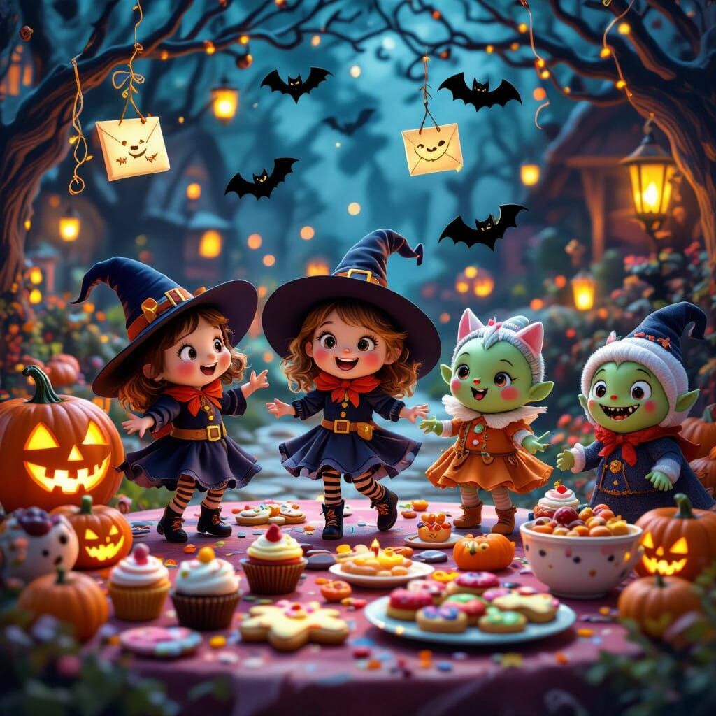 Cute Halloween Party with Witches, Monsters, and Costumed Ch...