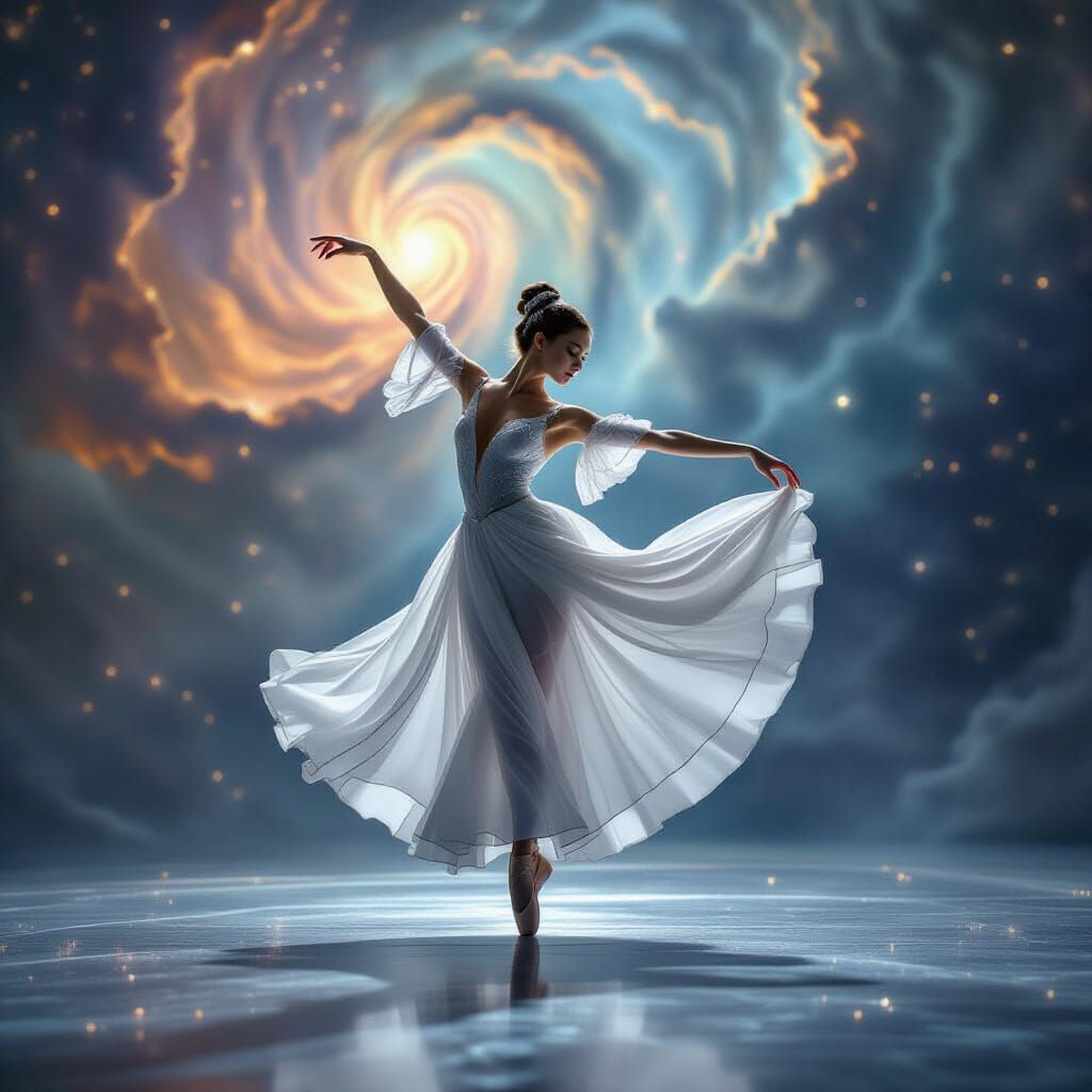 Ballet Dancer on Celestial Stage in Cosmic Nebula
