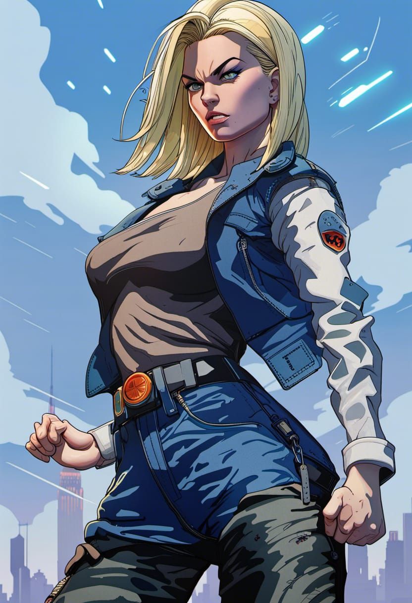 Android 18 Ready for Battle in Neon City