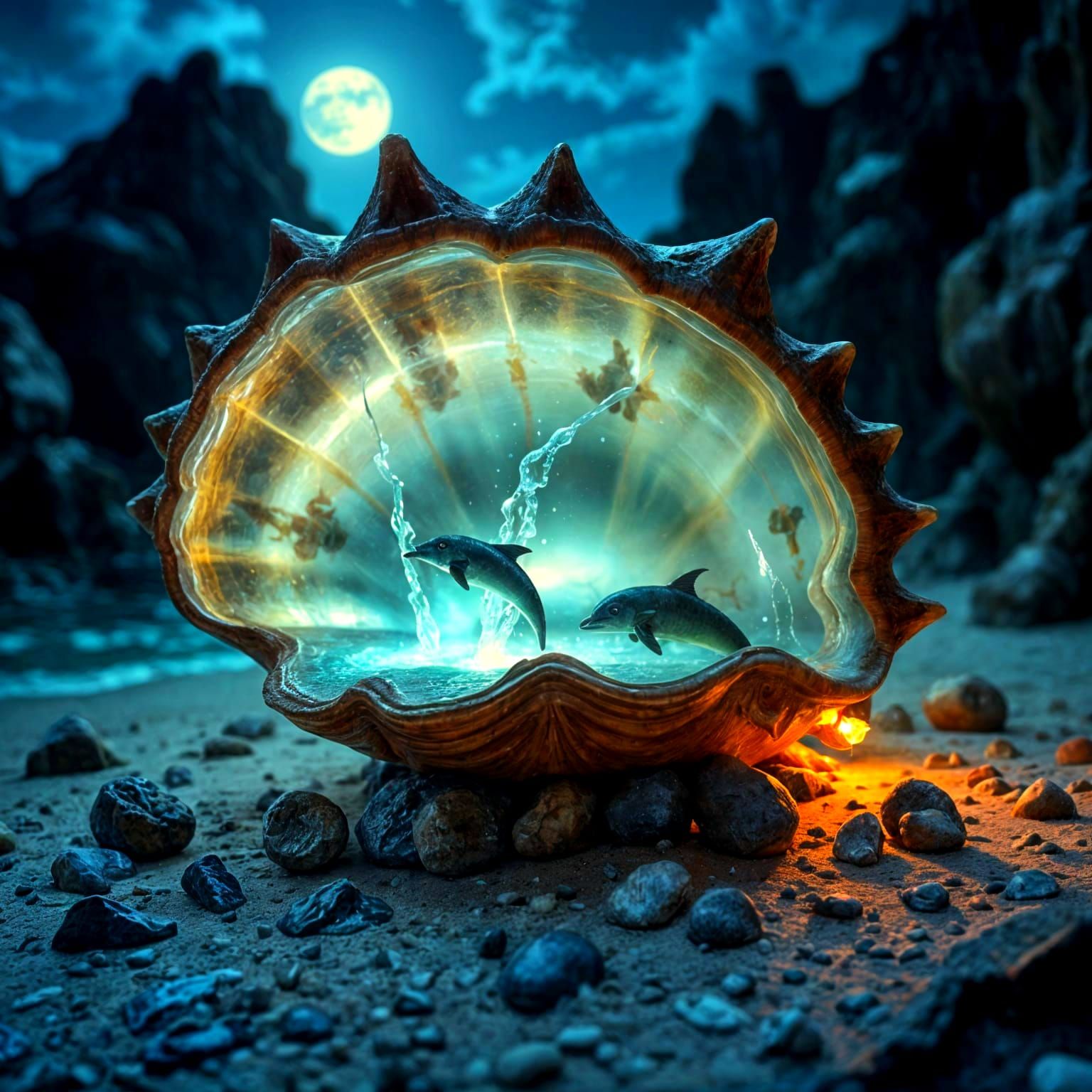 Fantasy Conch Shell with Dolphins at Sunset