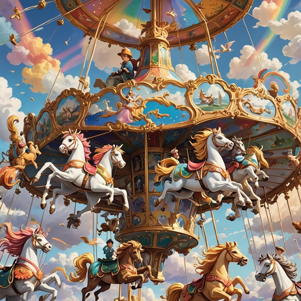 Kids' Whimsical Flight on Carousel Animals
