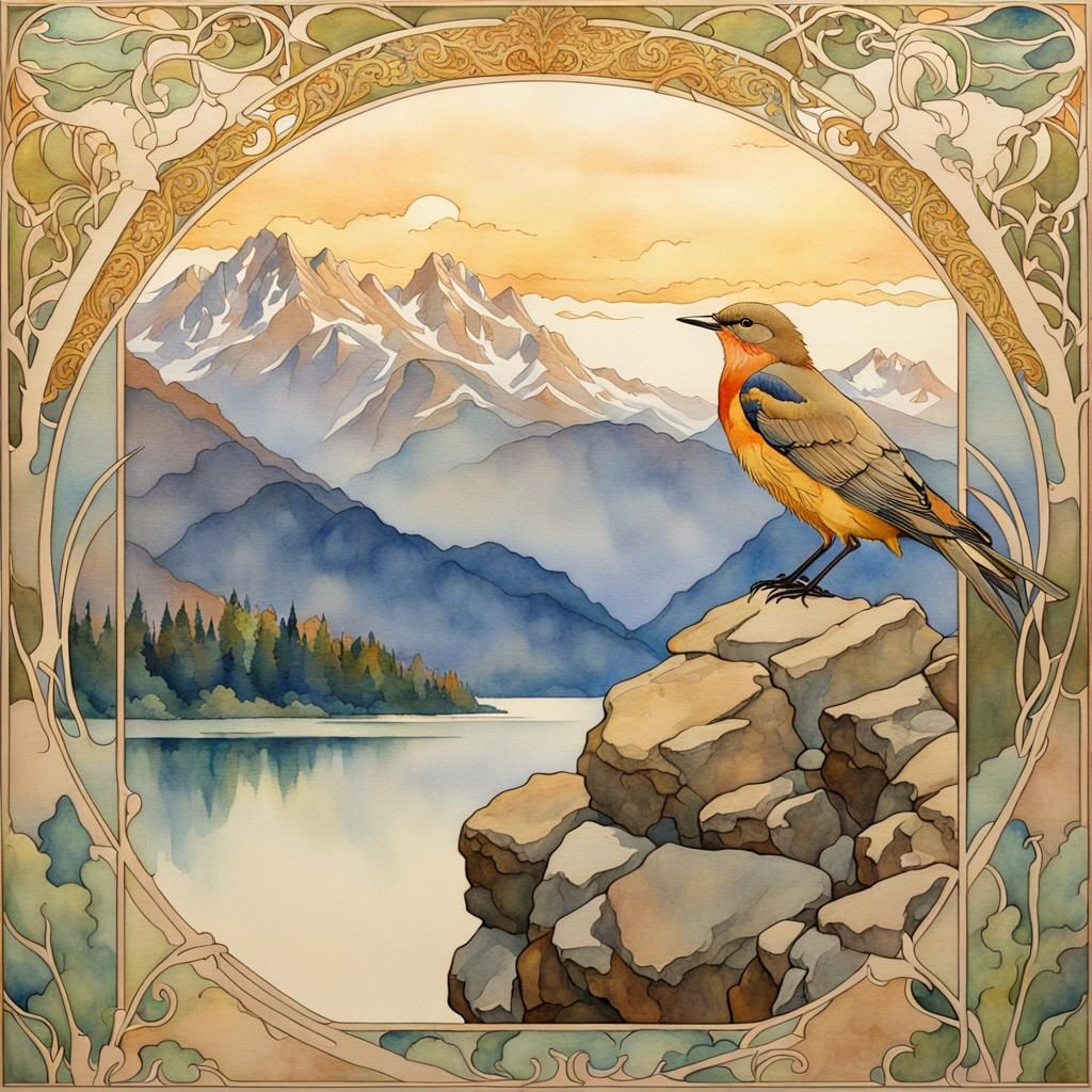 Art Nouveau Bird on Stone Wall