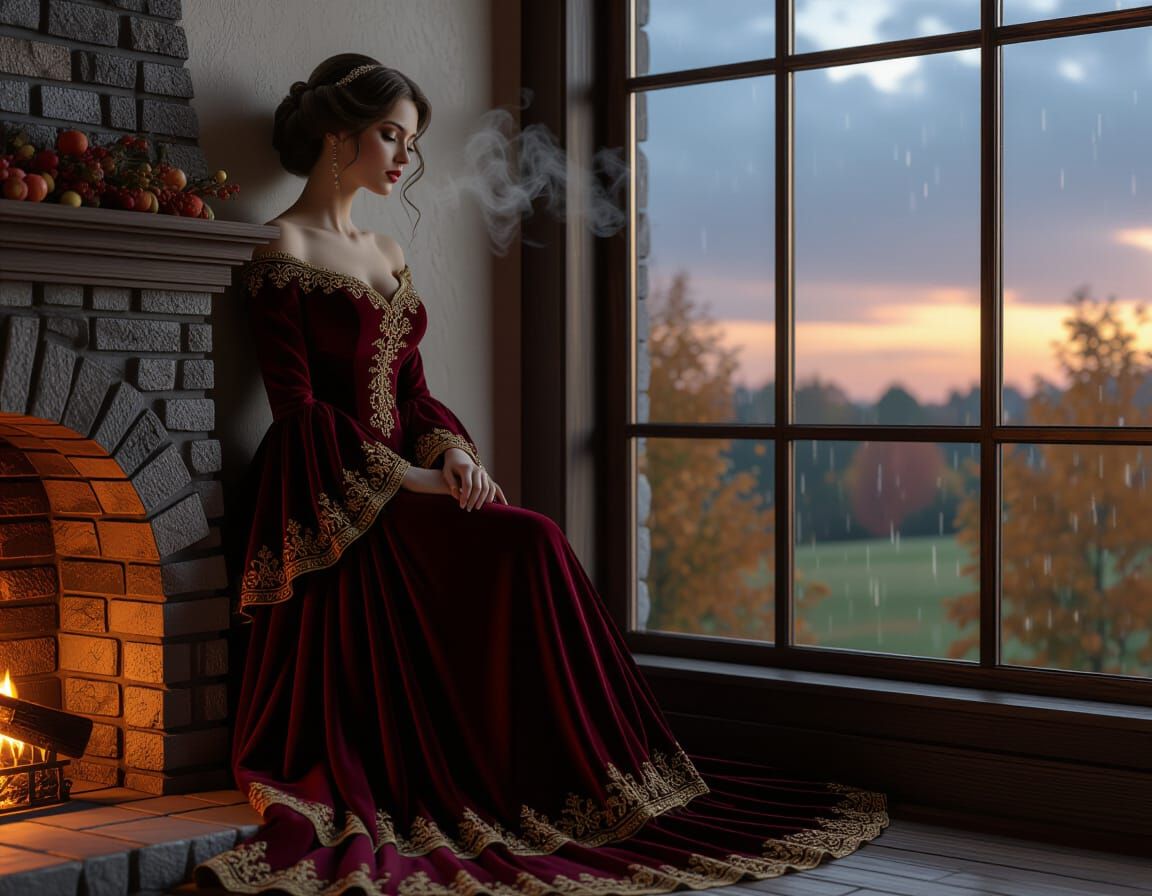 Sad Autumn in Burgundy Dress by Fireplace
