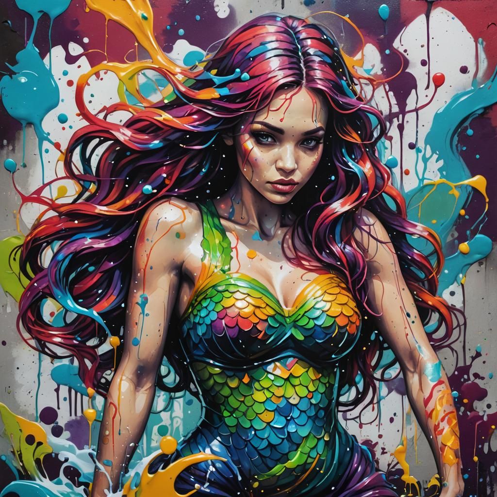 Mermaid Graffiti Art in Polychromatic Splash Style