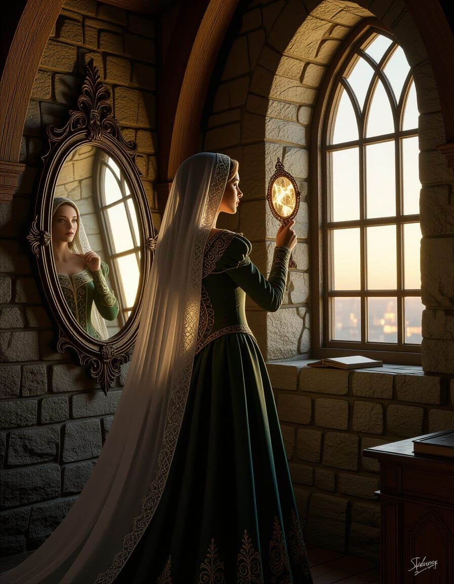 Medieval Woman Gazing in Mirror, Hyper-Realistic Art