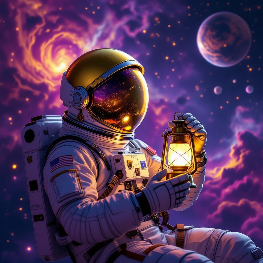 Astronaut Drifting Among Nebulae with Glowing Lantern