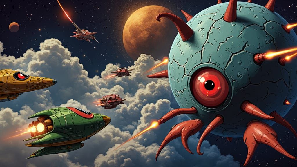 Vibrant Cartoon Space Battle Scene with Renegade Moon