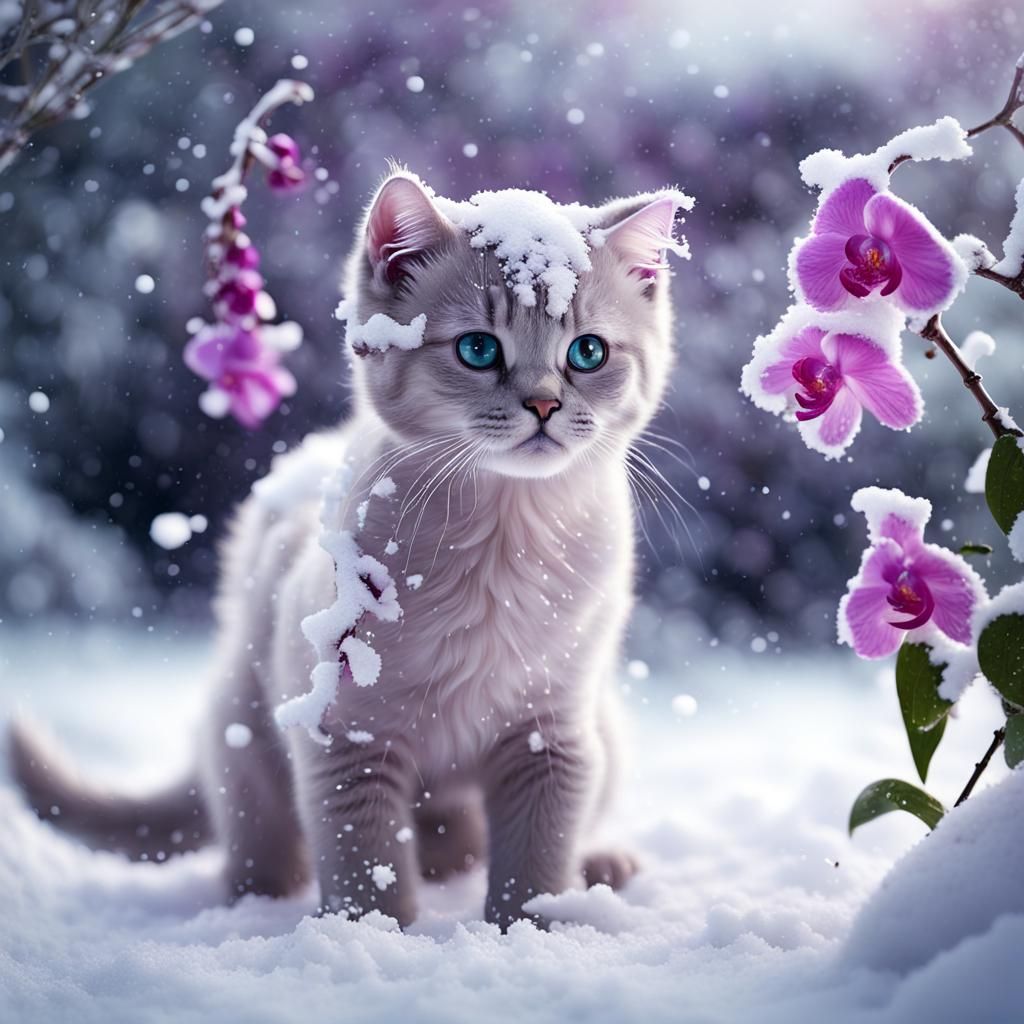 . paradise winter garden, frozen fountain, beautiful, purple bushy little roses in the snow,orchid, with a cute Scottish...