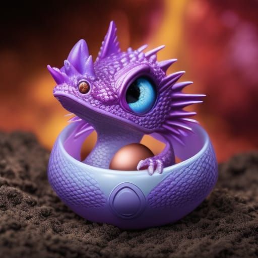 Purple Dragon Hatchling in Egg, Storybook Illustration