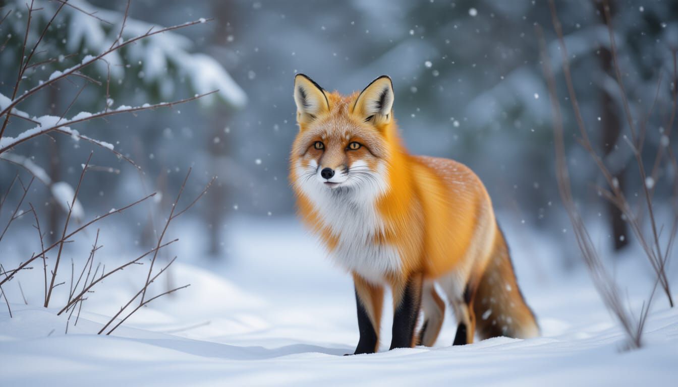 Red Fox in Snowy Forest Photorealistic Style