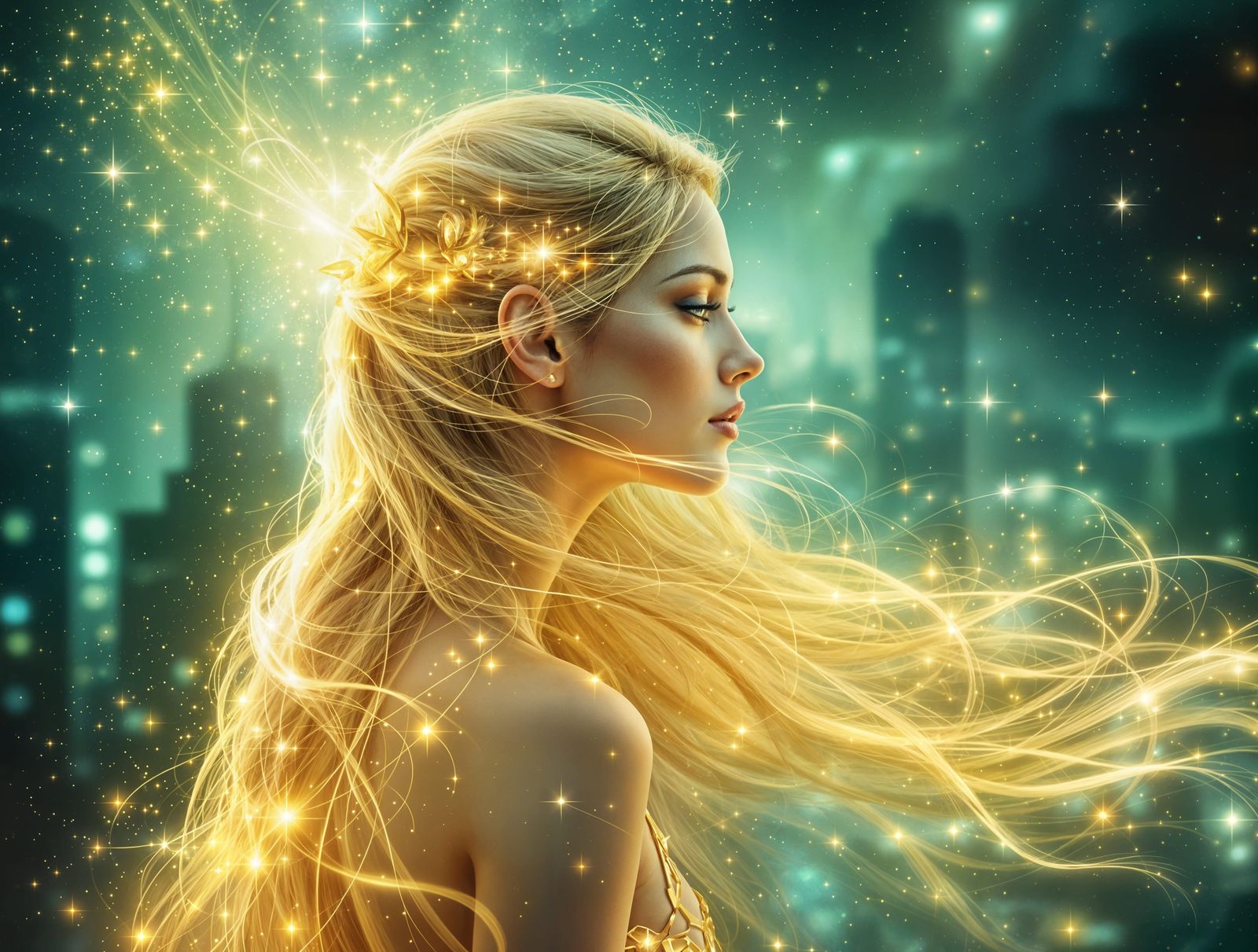 Serene Goddess in Golden Cosmic Aura
