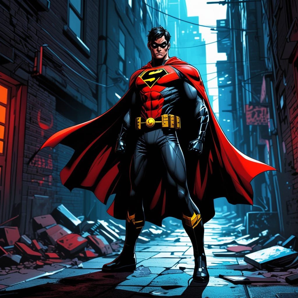 Tim Drake Superhero in Gritty Urban Alley Comic Style
