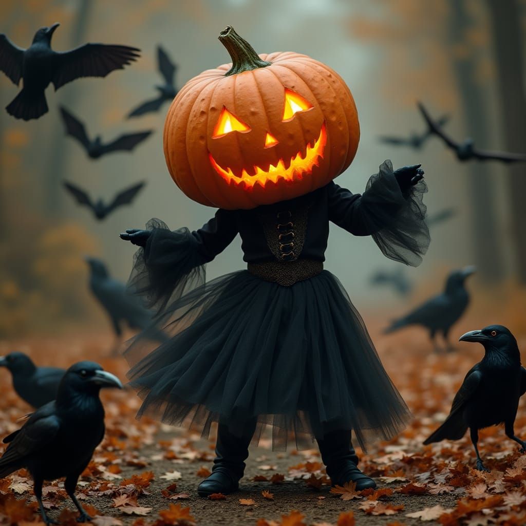 Halloween Festival Dancer with Pumpkin Head and Crows