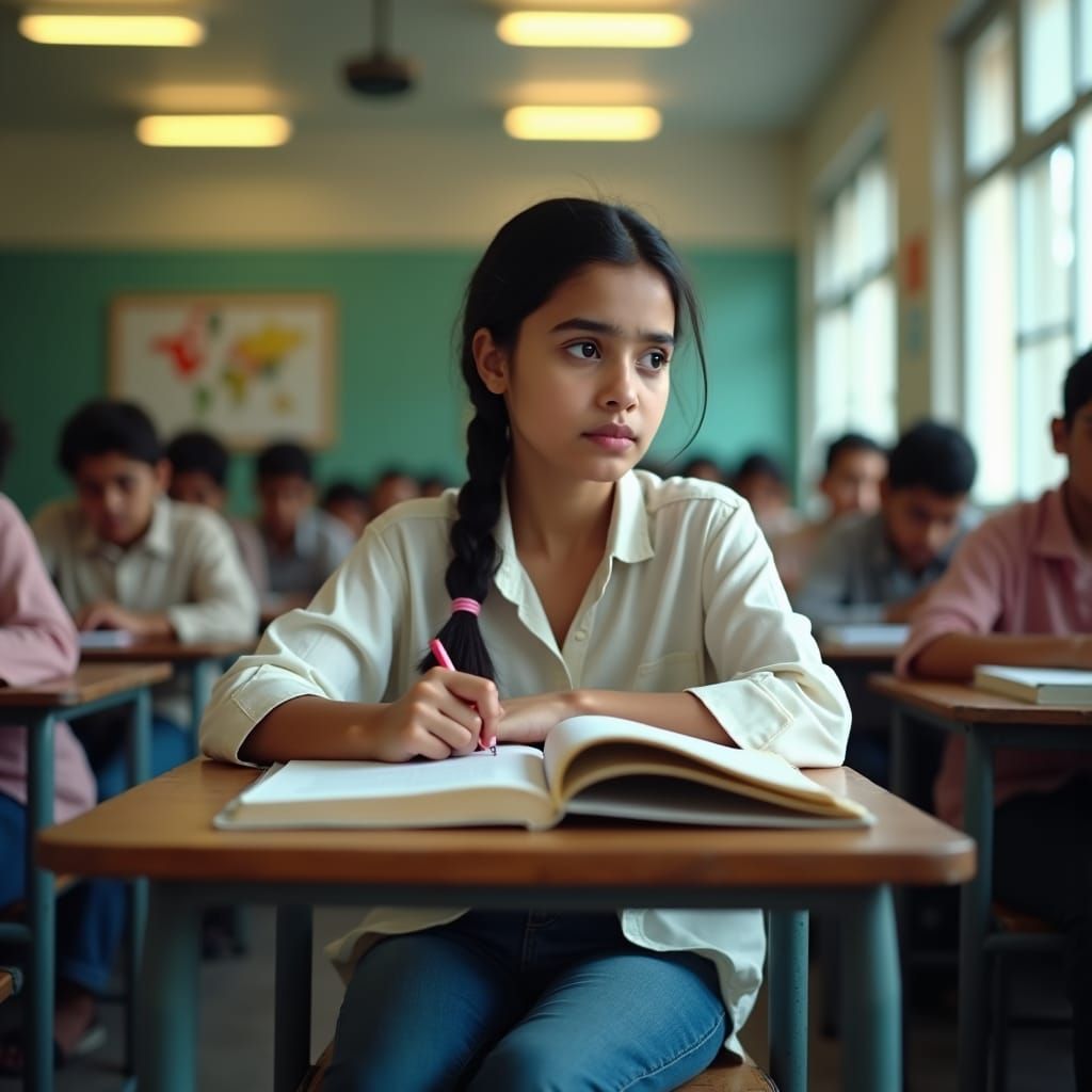 Pakistani Girl Studying Alone in Classroom