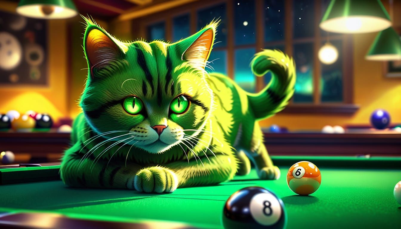 Green Felt Cat Plays 8-Ball: Vibrant Digital Art