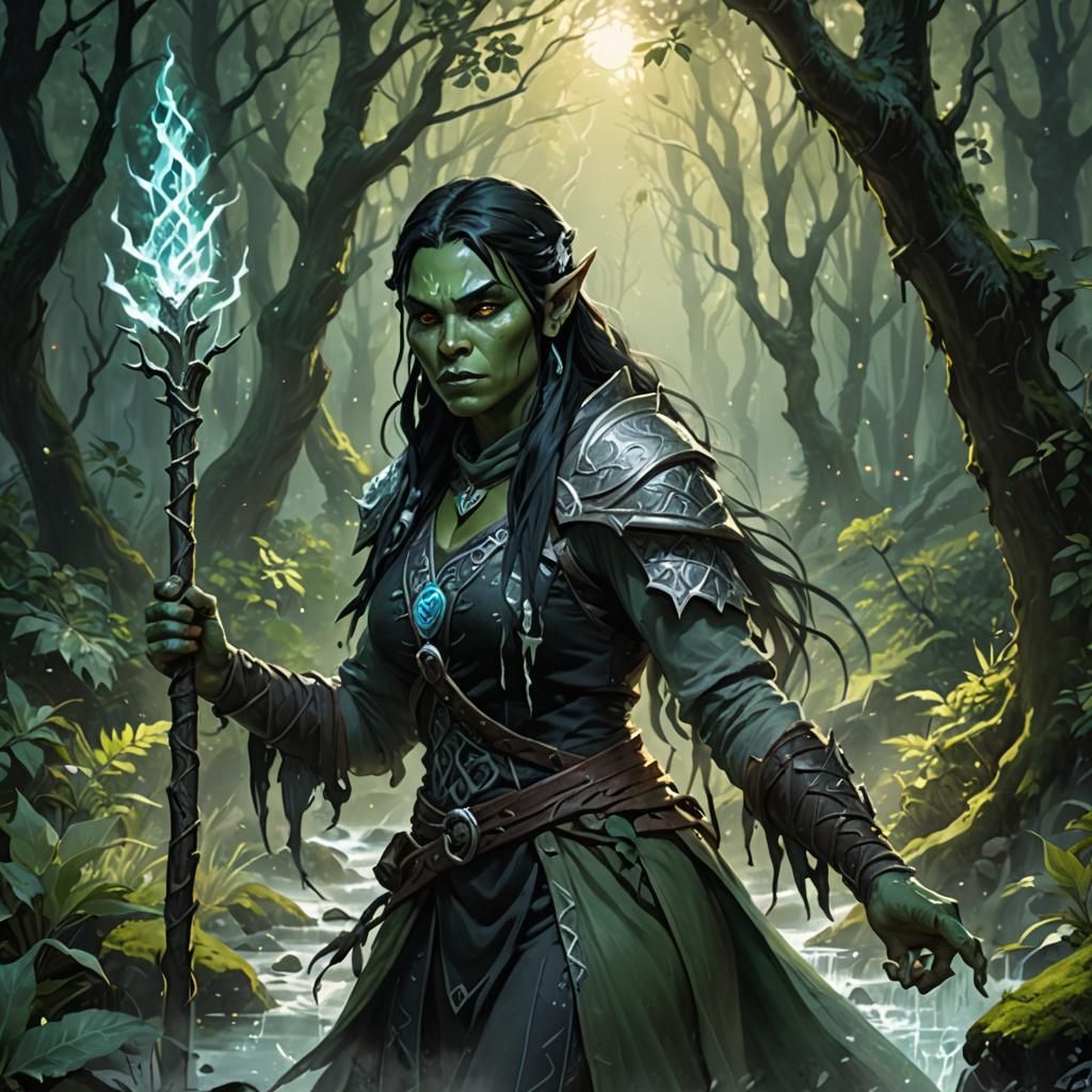 Orc Wizard Casting Ice Spell in Forest: Fantasy Art