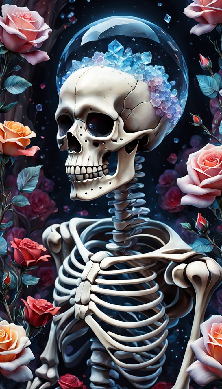 Crystal Skeleton Embrace in Surrealist Oil Painting