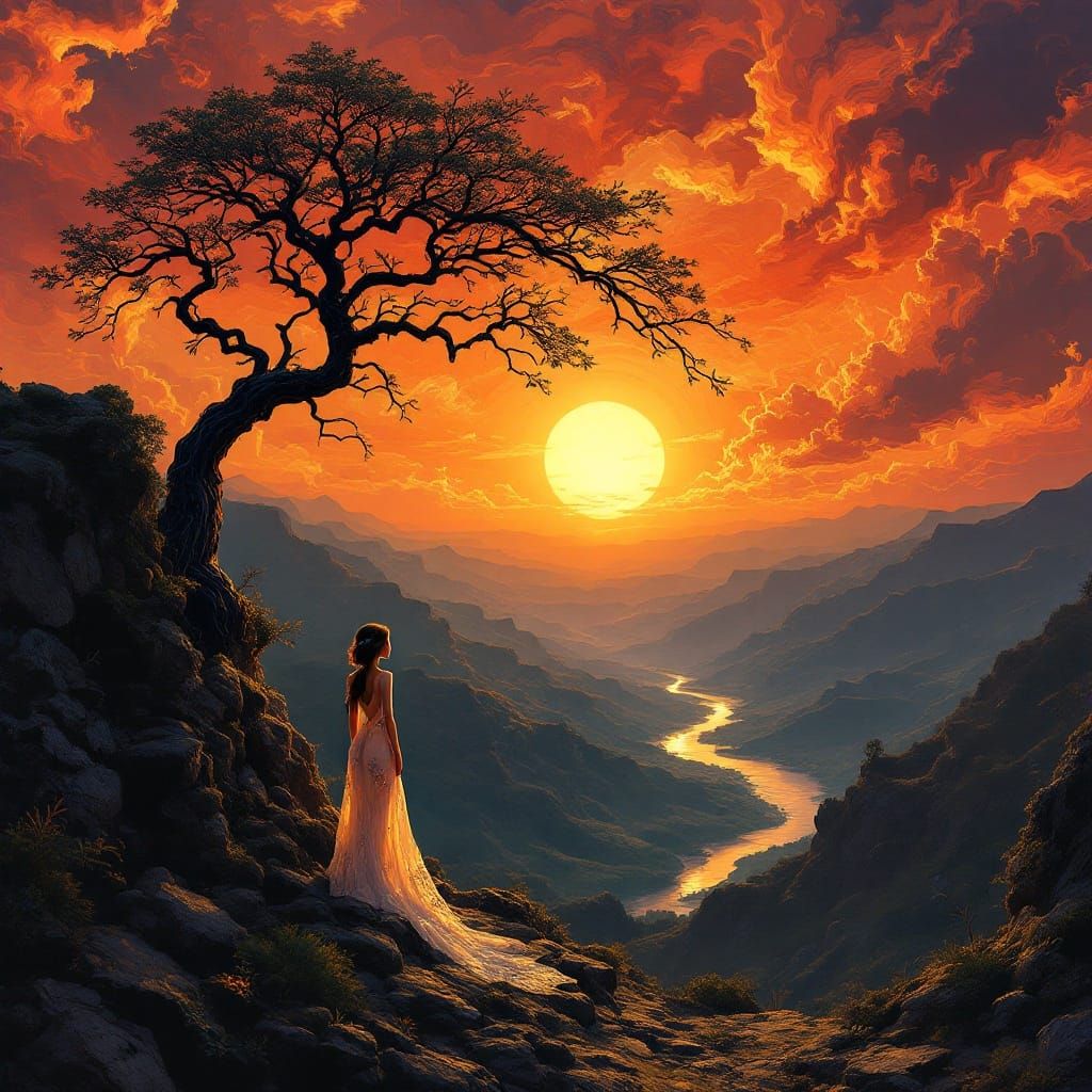 Ethereal Sunset Goddess on Lush Terrain in a Dreamlike, Fant...