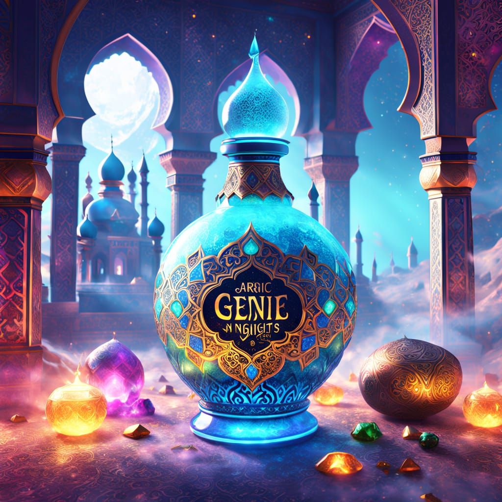 Mystical Genie Bottle Label with Arabic Calligraphy