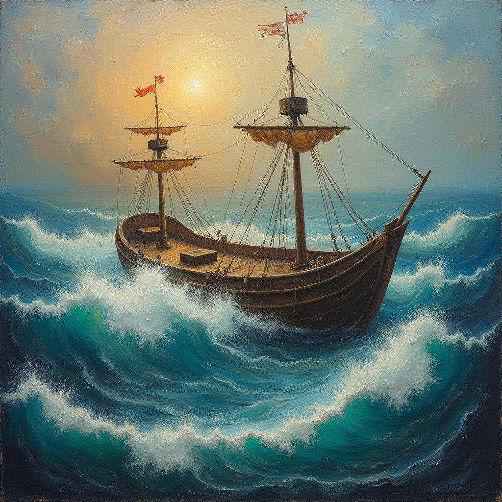 Ship in Surreal Storm, Dreamlike Oil Painting