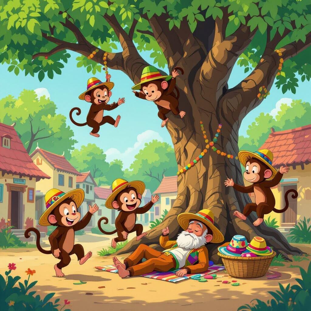 Monkeys Stealing Hats: Whimsical Cartoon Scene